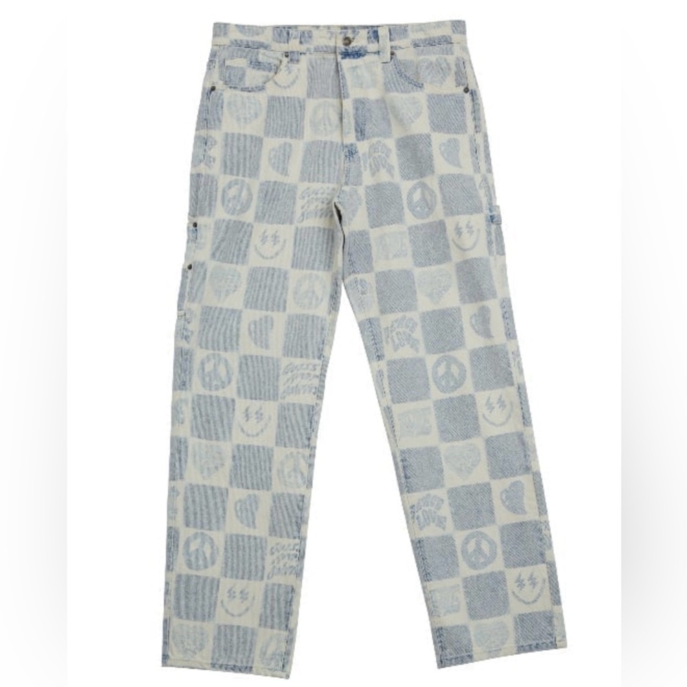 J Balvin X Guess Collab Blue and White Jeans Checkerboard Design